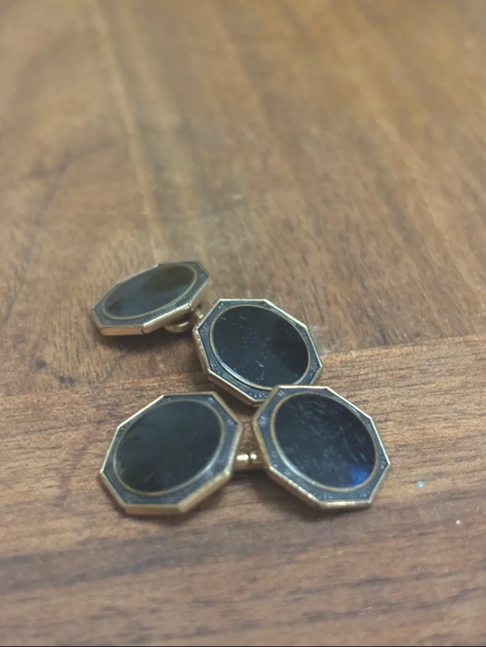 Vintage/antique KREMENTZ Gold Octagon Double-Chain Cufflinks with Black Inset